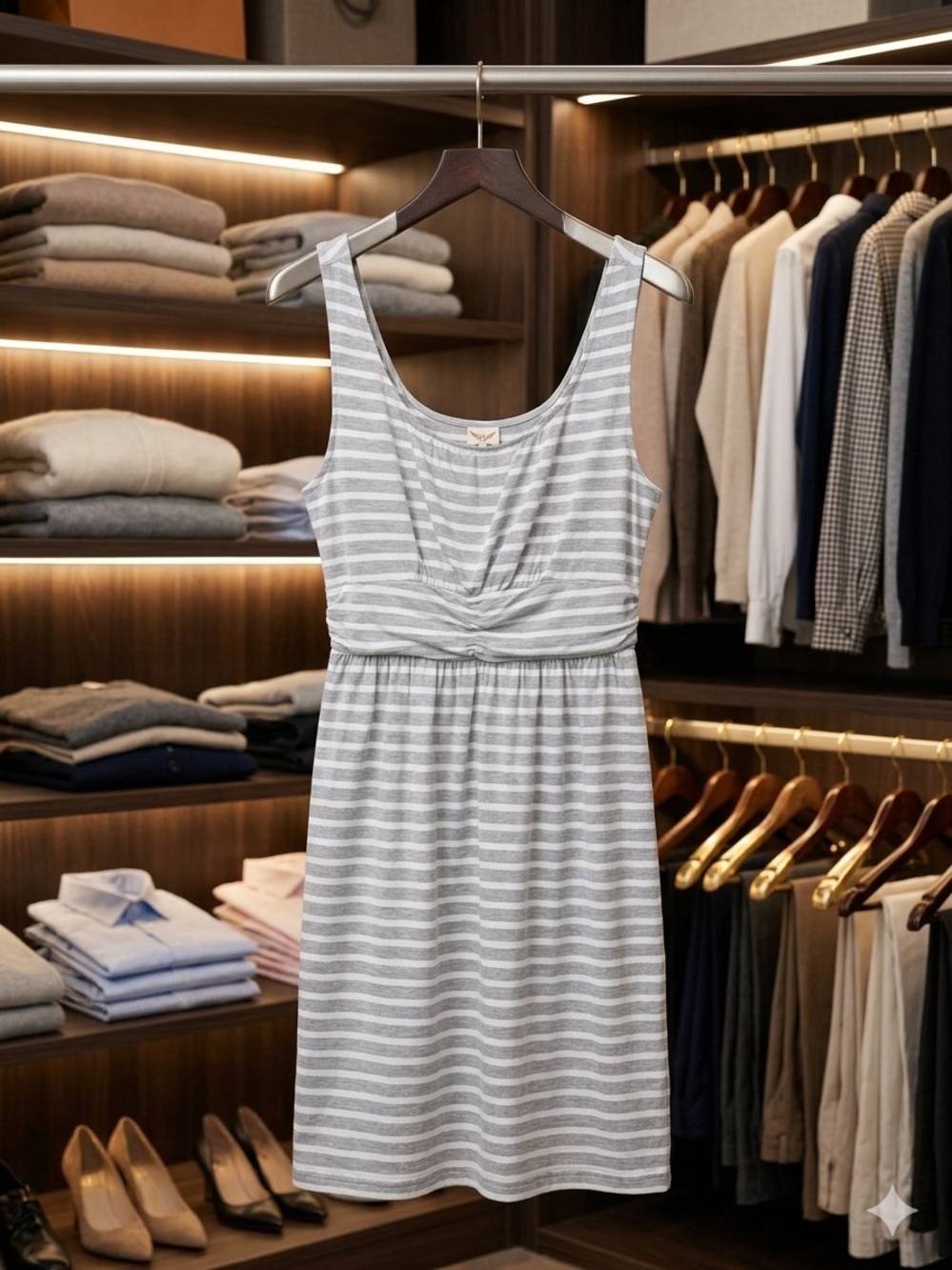 Faded Glory Gray and White Striped Midi Tank Dress